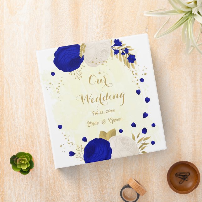 royal blue white flowers gold botanical wedding 3  3 ring binder (In Situ)