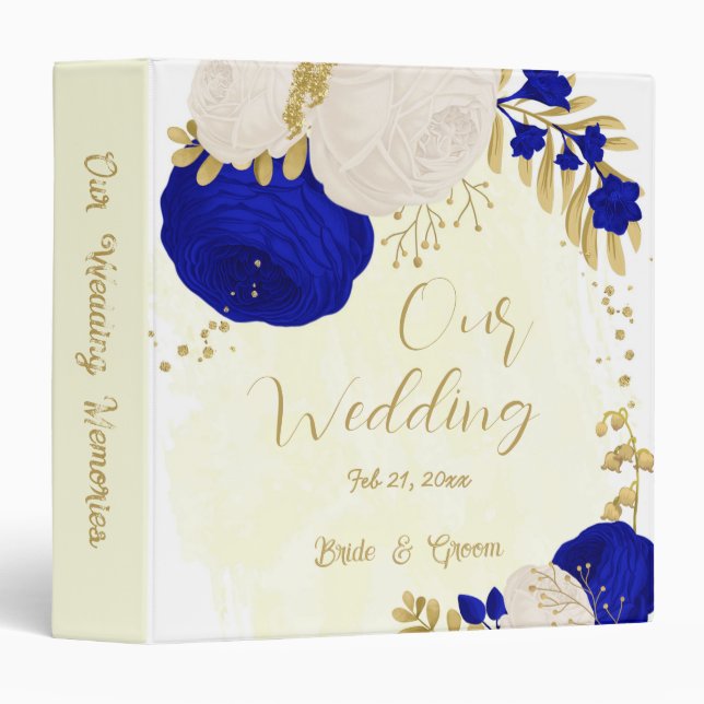 royal blue white flowers gold botanical wedding 3 ring binder (Front/Spine)