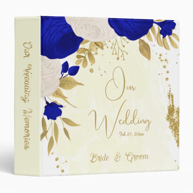 royal blue white flowers gold botanical wedding 3 ring binder (Front/Spine)