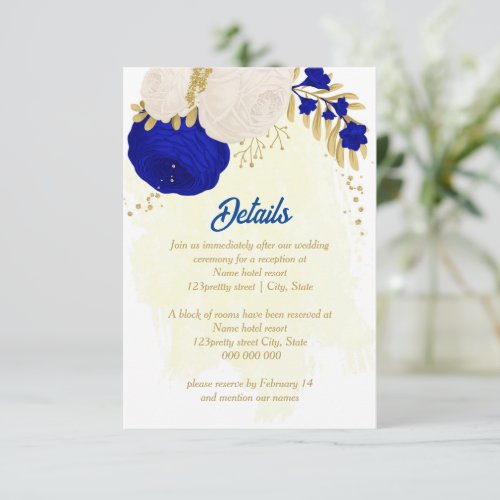 royal blue  white flowers gold botanical wedding enclosure card