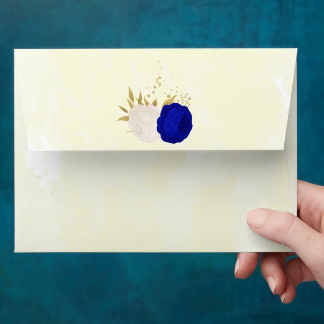 royal blue & white flowers gold botanical wedding envelope (Hand)