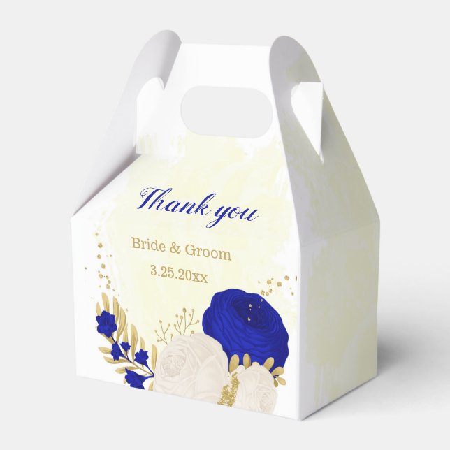 royal blue & white flowers gold botanical wedding favor boxes (Front Side)