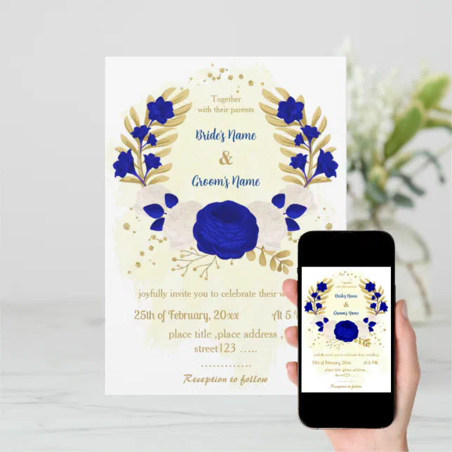 Royal Blue & White Flowers Gold Botanical Wedding Invitation | Zazzle