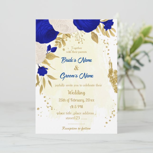 royal blue & white flowers gold botanical wedding invitation (Standing Front)
