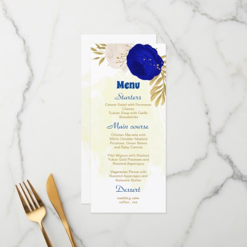 royal blue  white flowers gold botanical wedding  menu