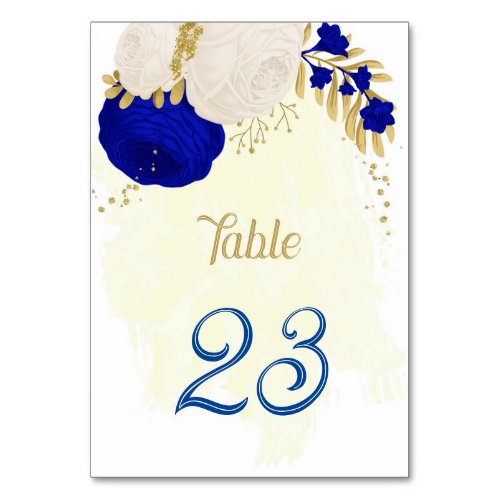 royal blue  white flowers gold botanical wedding  table number