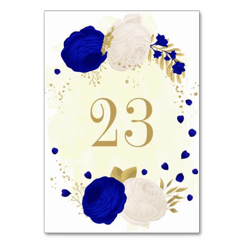 royal blue  white flowers gold botanical wedding table number