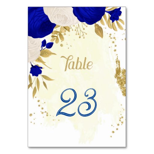 royal blue  white flowers gold botanical wedding table number