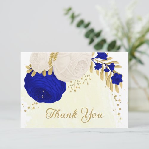 royal blue  white flowers gold botanical wedding thank you card