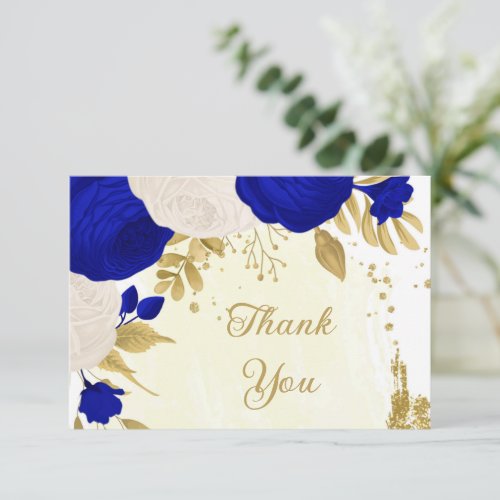 royal blue  white flowers gold botanical wedding thank you card