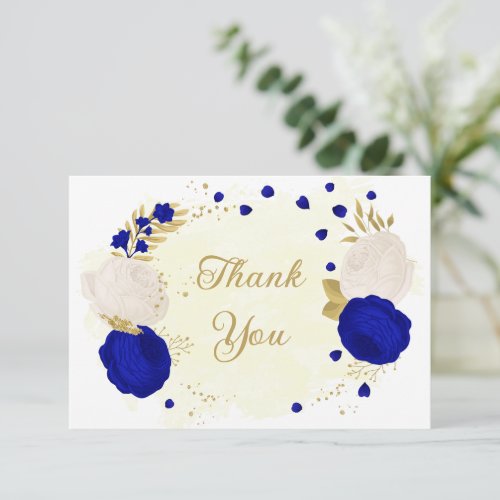 royal blue  white flowers gold botanical wedding thank you card