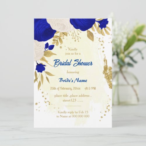 royal blue  white flowers gold bridal shower invitation