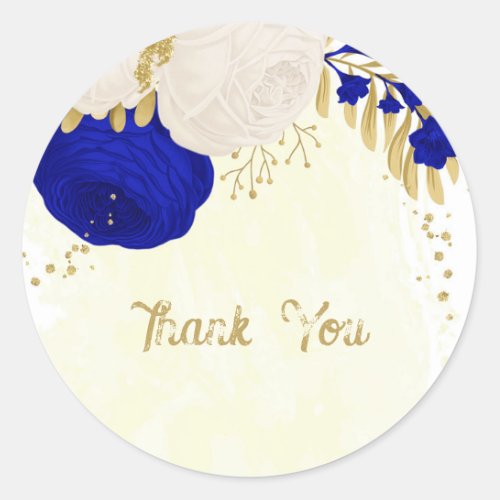  royal blue  white flowers gold classic round sticker