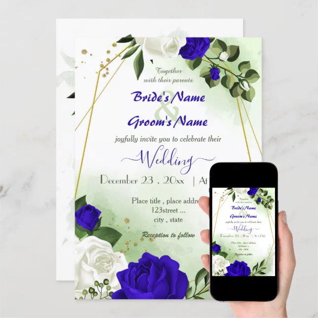 royal blue white flowers gold geometric wedding invitation | Zazzle