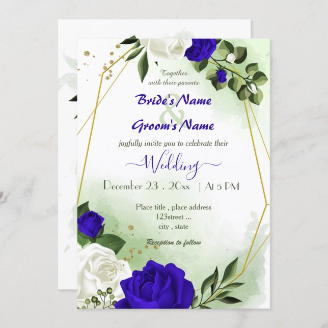 royal blue white flowers gold geometric wedding invitation (Front/Back)
