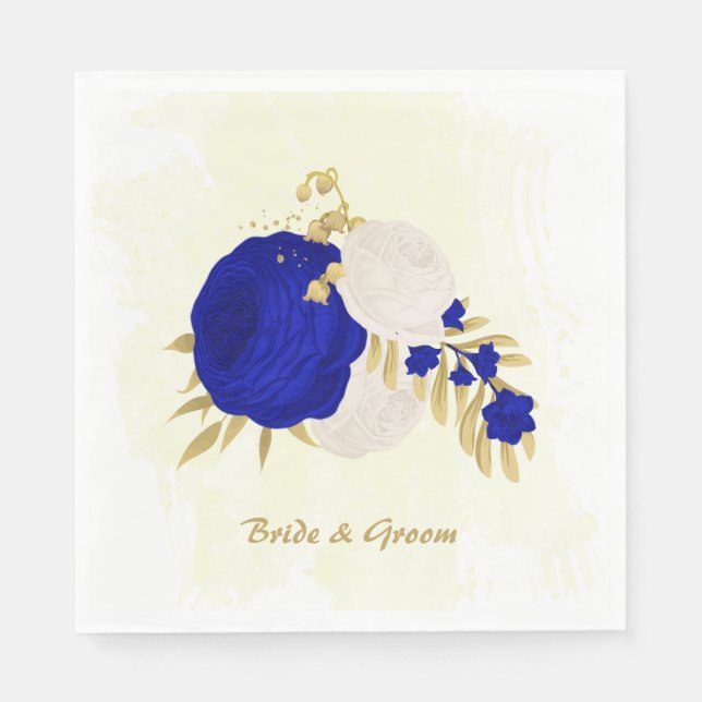  royal blue & white flowers gold  napkins (Front)