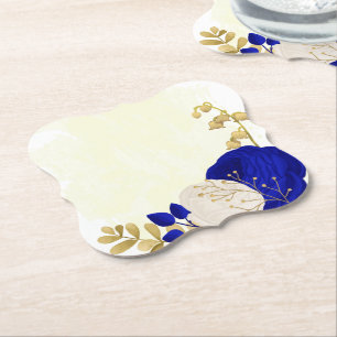 royal blue & white flowers gold paper coaster