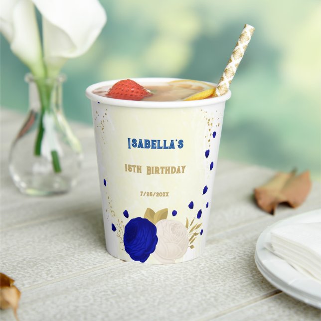  royal blue & white flowers gold paper cups (Insitu)