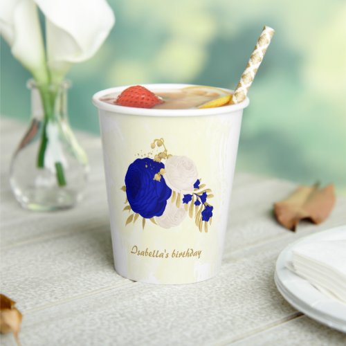  royal blue  white flowers gold paper cups