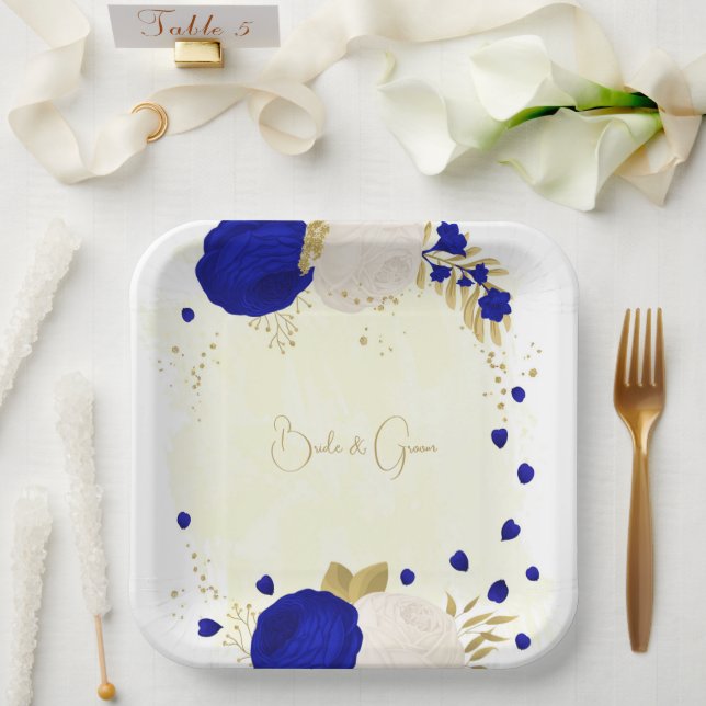 royal blue & white flowers gold paper plates (Wedding)
