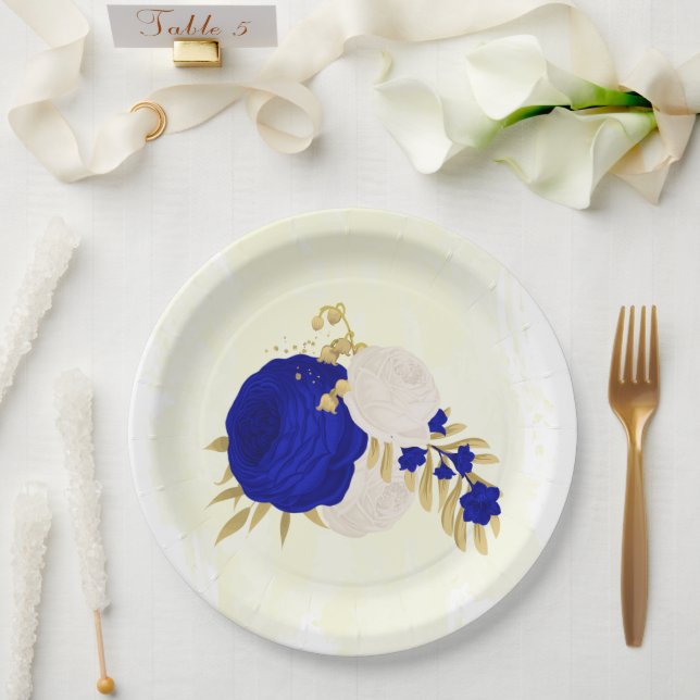  royal blue & white flowers gold paper plates (Wedding)