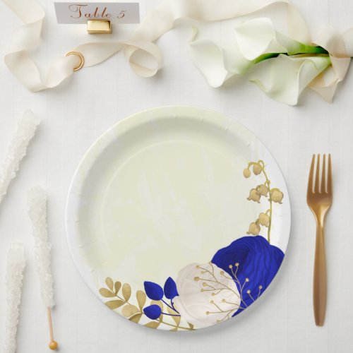  royal blue  white flowers gold paper plates
