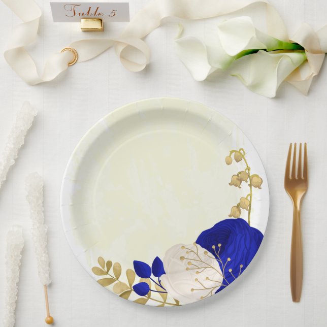  royal blue & white flowers gold paper plates (Wedding)