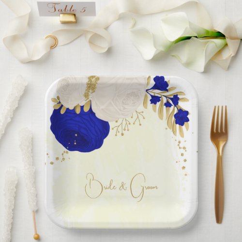  royal blue  white flowers gold paper plates