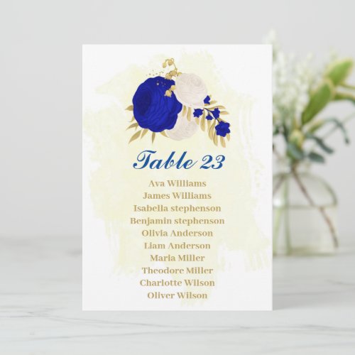 royal blue  white flowers gold seating chart card