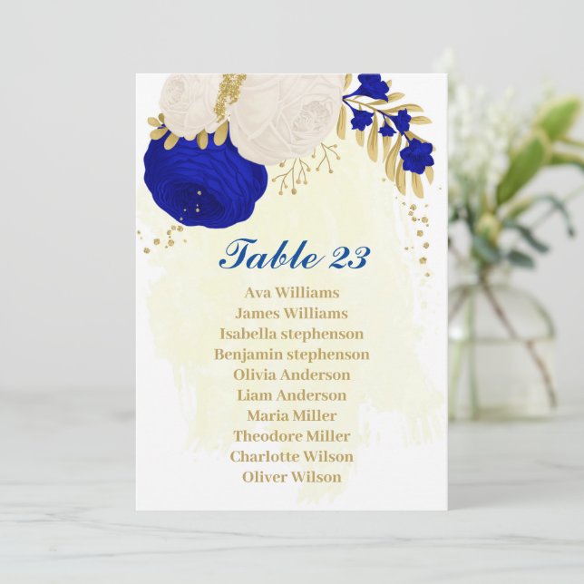 royal blue & white flowers gold seating chart card (Standing Front)