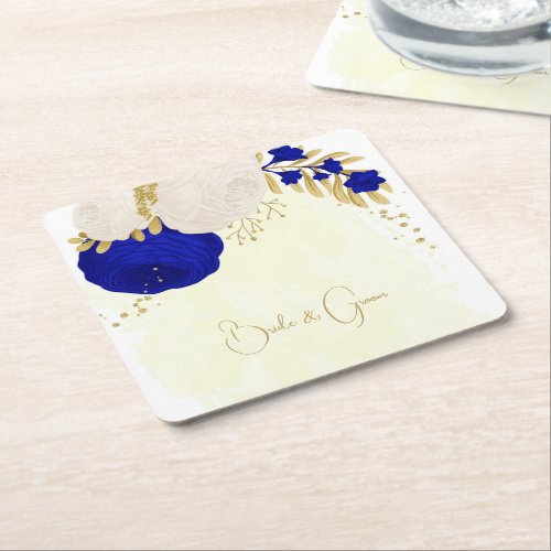  royal blue  white flowers gold square paper coaster