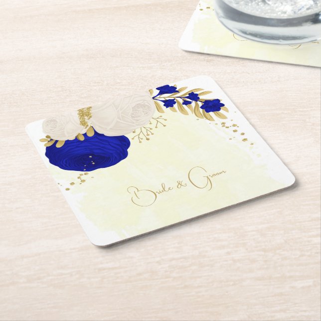  royal blue & white flowers gold square paper coaster (Angled)