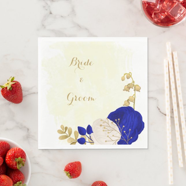  royal blue & white flowers gold wedding napkins (Insitu)