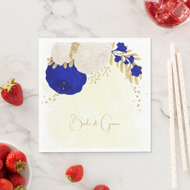  royal blue & white flowers gold wedding napkins (Insitu)