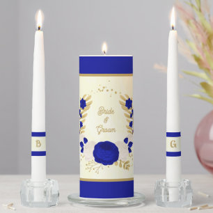 royal blue & white flowers gold wedding unity candle set