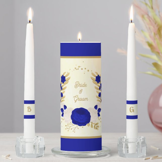  royal blue & white flowers gold wedding unity candle set (In Situ)