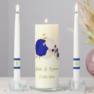 royal blue & white flowers gold wedding unity candle set