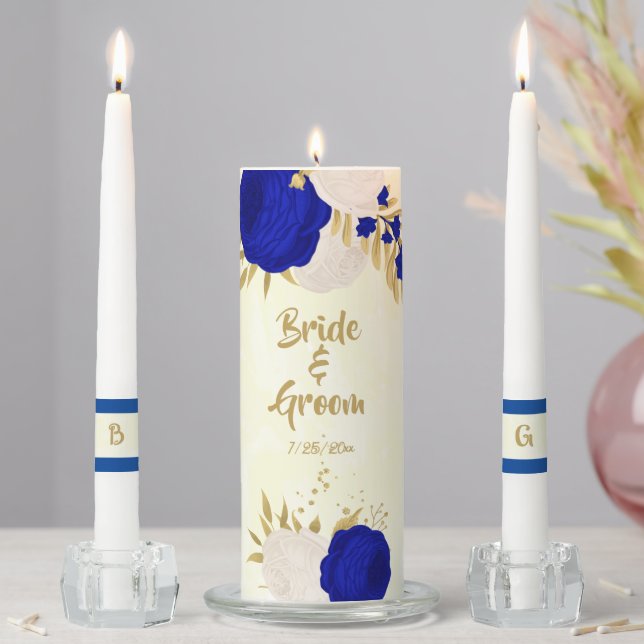  royal blue & white flowers gold wedding unity candle set (In Situ)