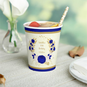 royal blue & white flowers gold wreath paper cups