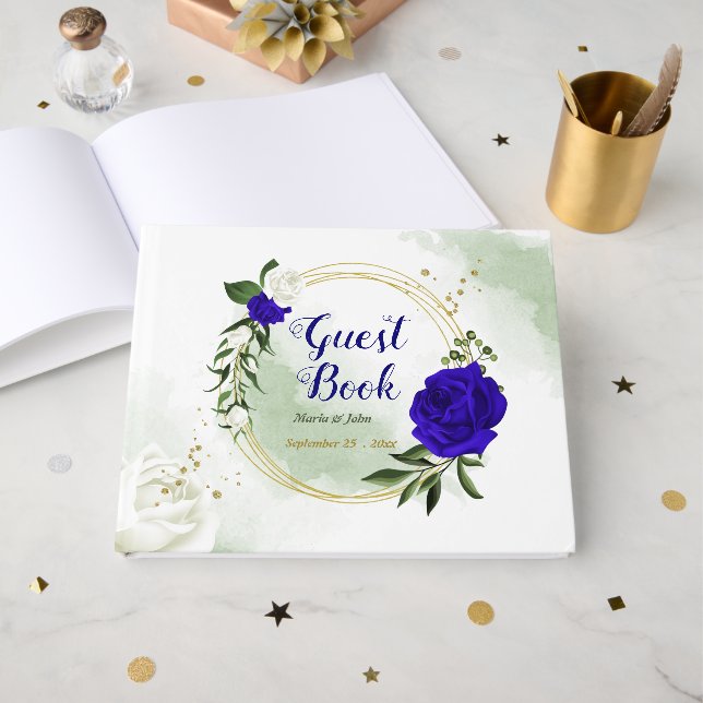 royal blue white flowers gold wreath wedding guest book (Front Open)