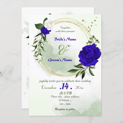 royal blue white flowers gold wreath wedding  invitation