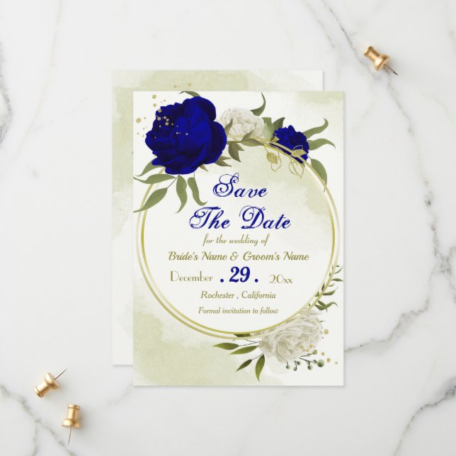 royal blue white flowers green leaves save the date (Front/Back In Situ)