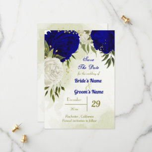royal blue white flowers green leaves save the date