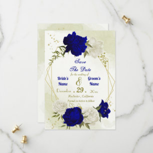 royal blue white flowers green leaves save the date