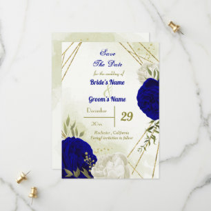 royal blue white flowers green leaves save the date