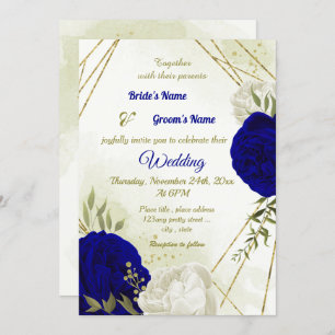 royal blue white flowers green leaves wedding invitation