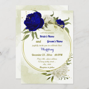 royal blue white flowers green leaves wedding invitation