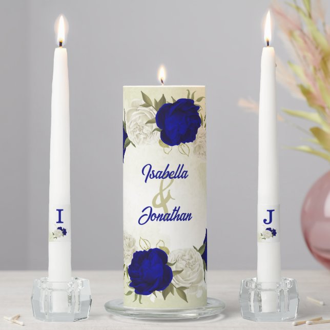 royal blue white flowers green leaves wedding unity candle set (In Situ)