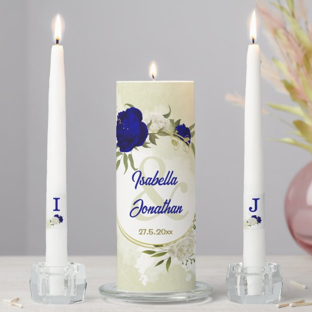 royal blue white flowers green leaves wedding unity candle set (In Situ)