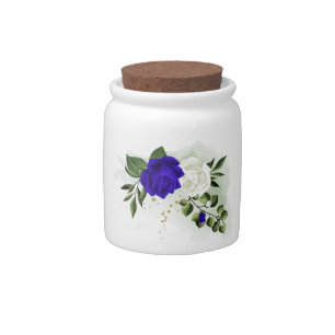 royal blue & white flowers greenery candy jar
